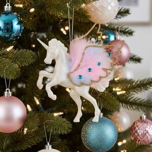 Flying Pegasus Unicorn Ornament Glitter Pastel Wings Whimsical Fantasy Christmas